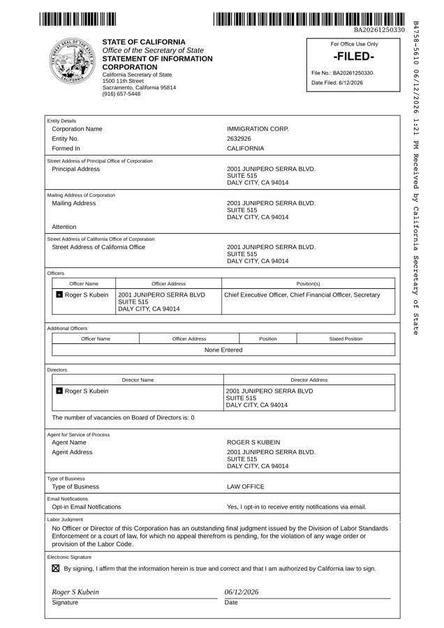 California Secretary of State Statement of Information for IMMIGRATION CORP.