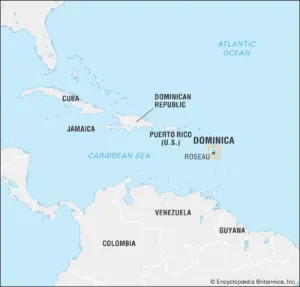 Dominica Citizenship by Investment Guide 2026 2 Dominica Citizenship by Investment map with island facts, capital Roseau, Eastern Caribbean location, and Nature Island highlights